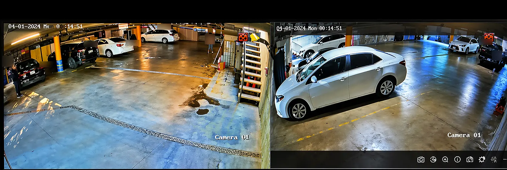 Two live security camera views covering a residential garage in Glendale