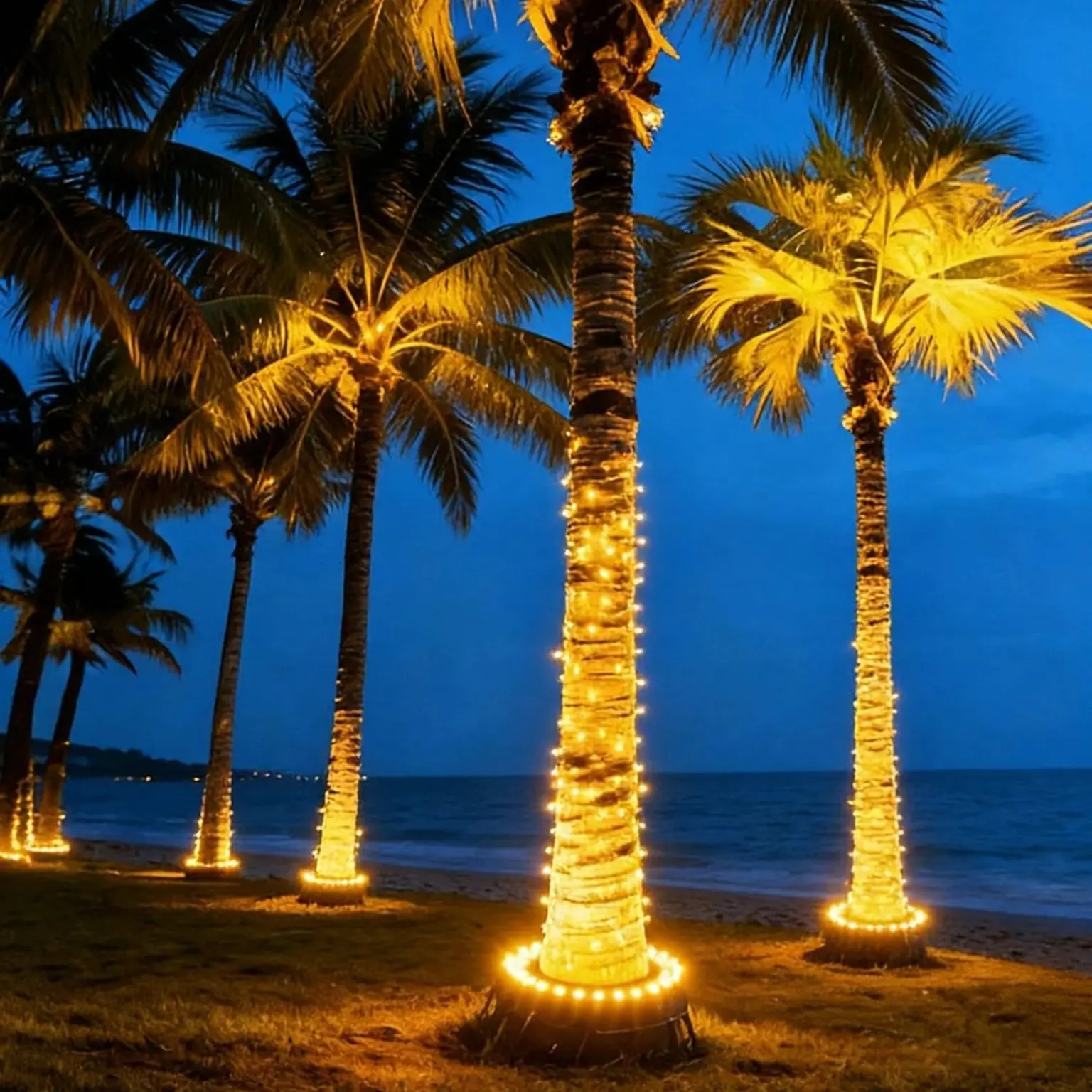 Palm trees illuminated from the base with warm landscape lighting