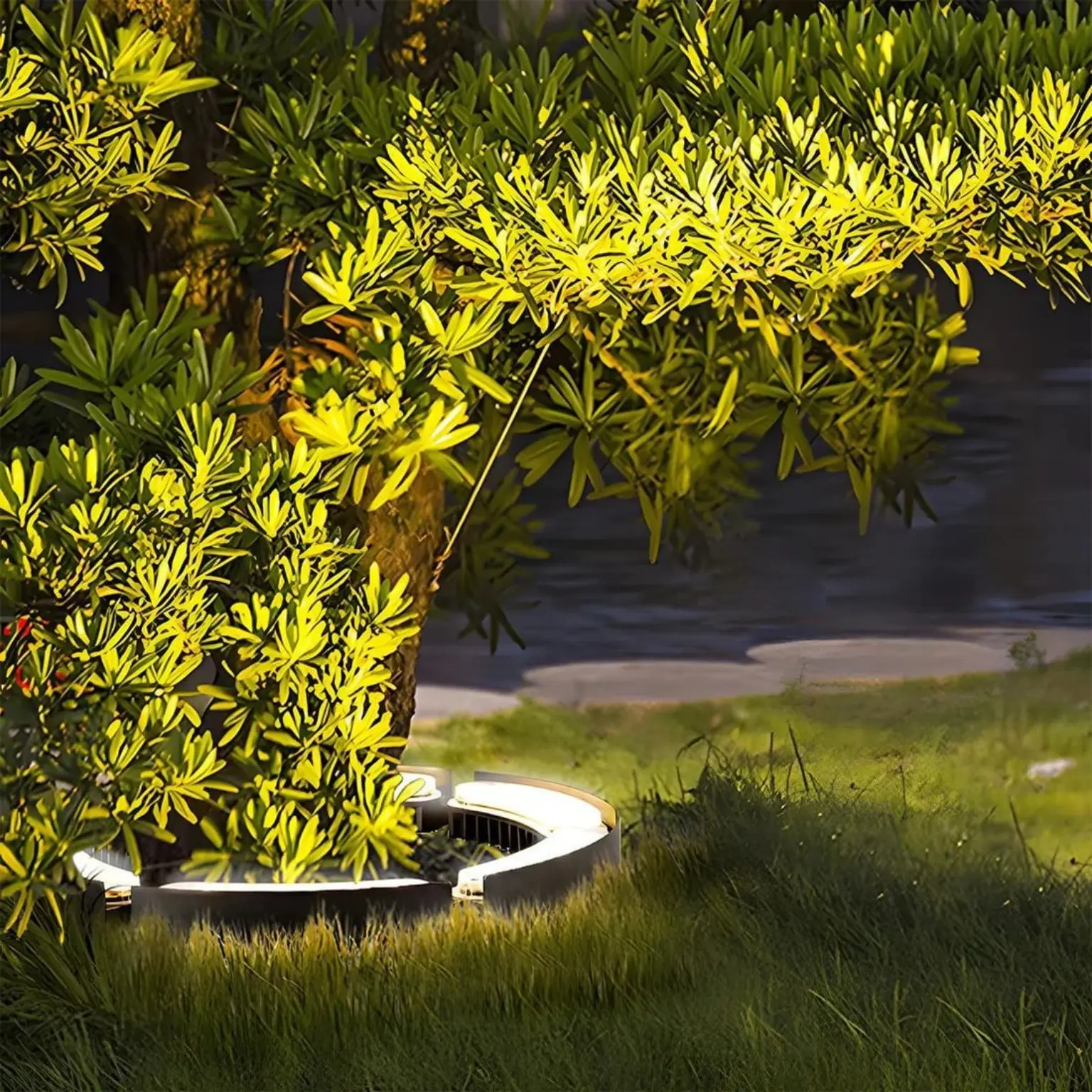 Shrubs and planting bed illuminated with low-level exterior lighting