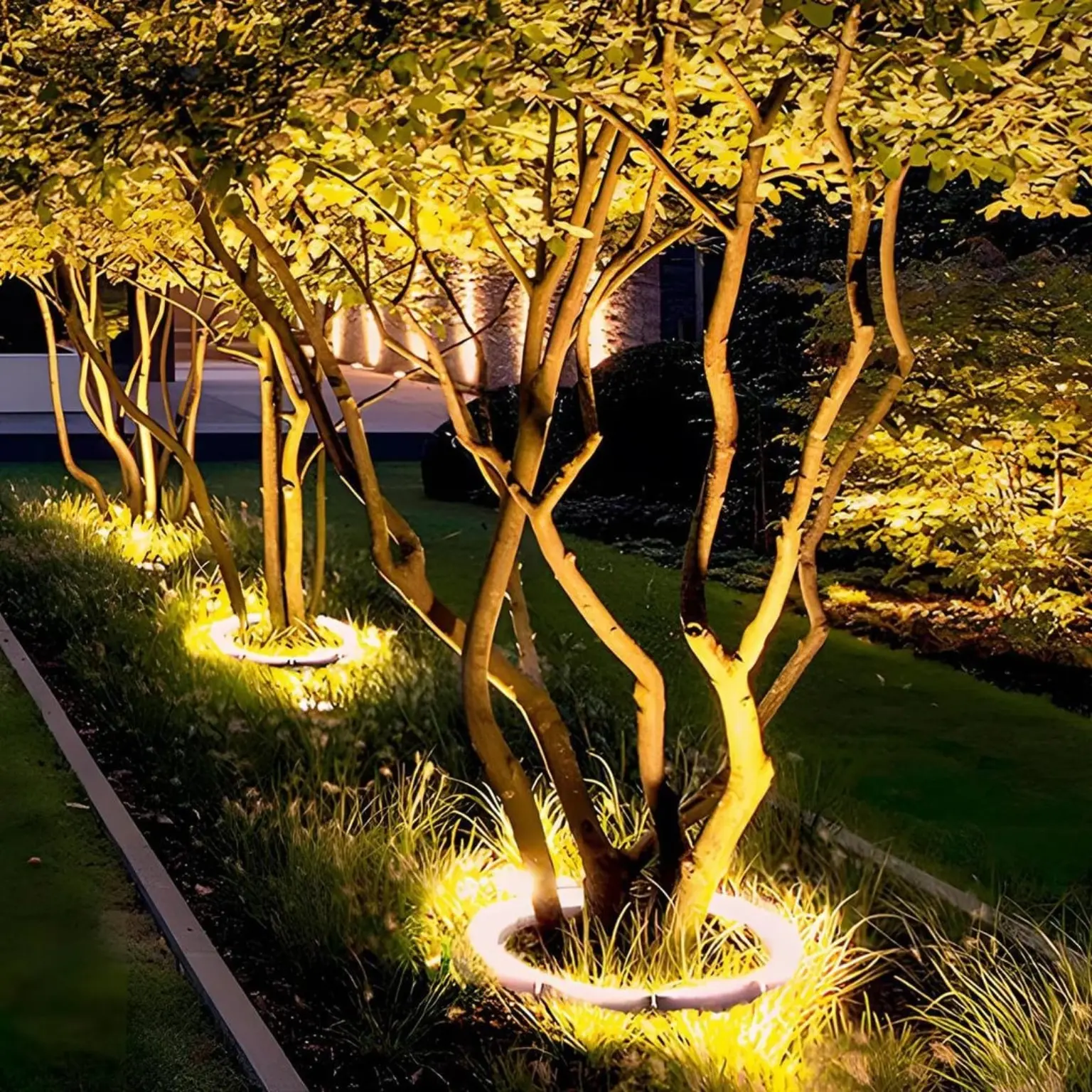 Multiple garden trees illuminated along a landscaped path