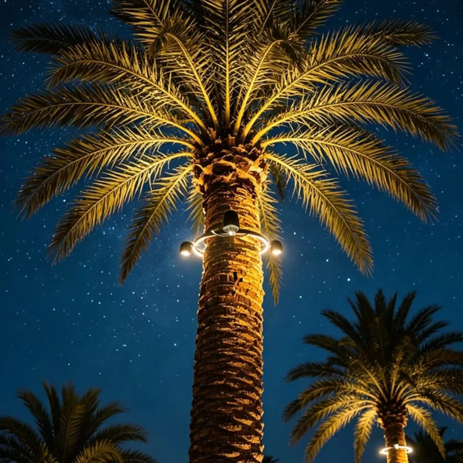 Palm tree canopy illuminated against the night sky