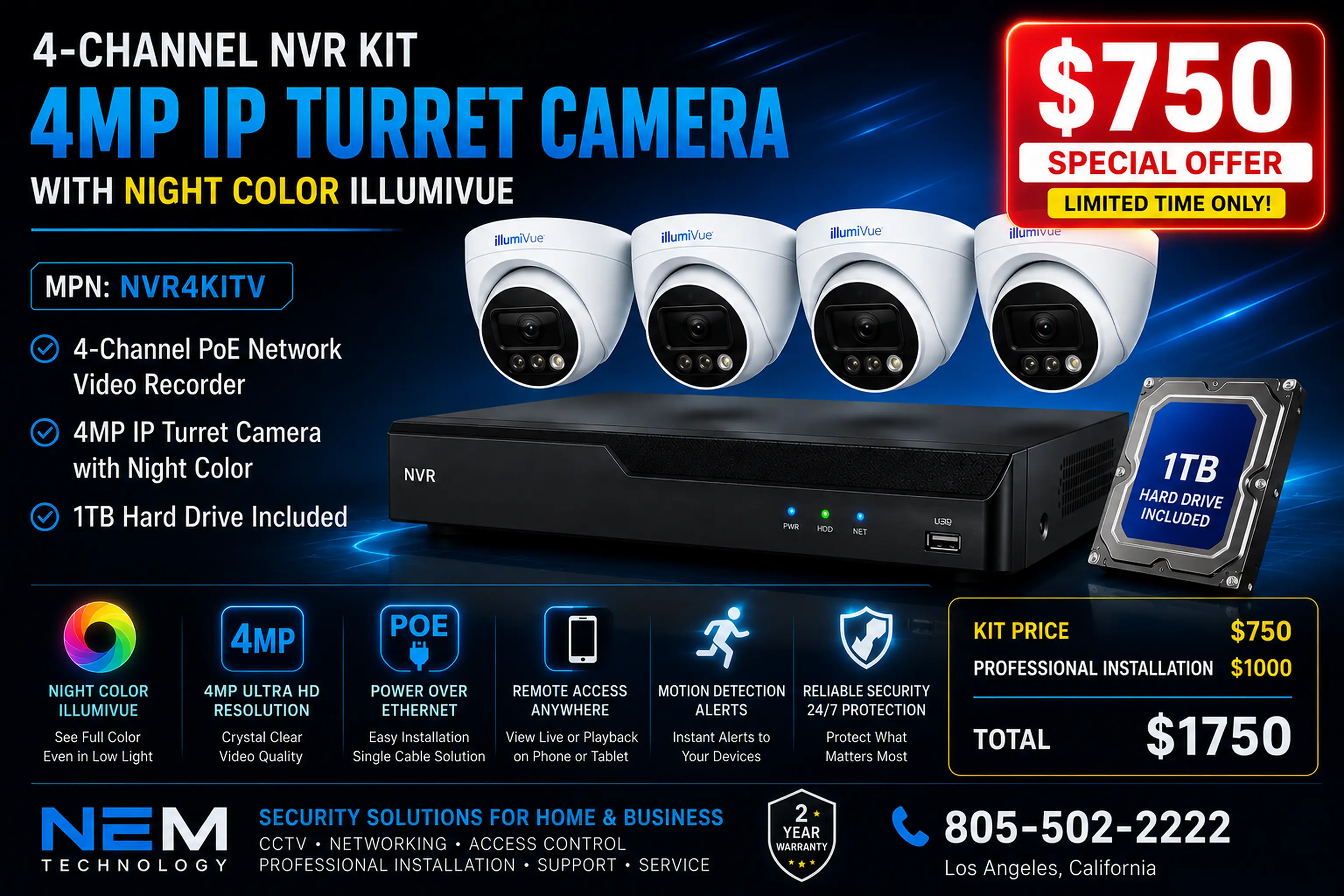 4MP IllumiVue four-camera NVR kit special offer from NEM Technology