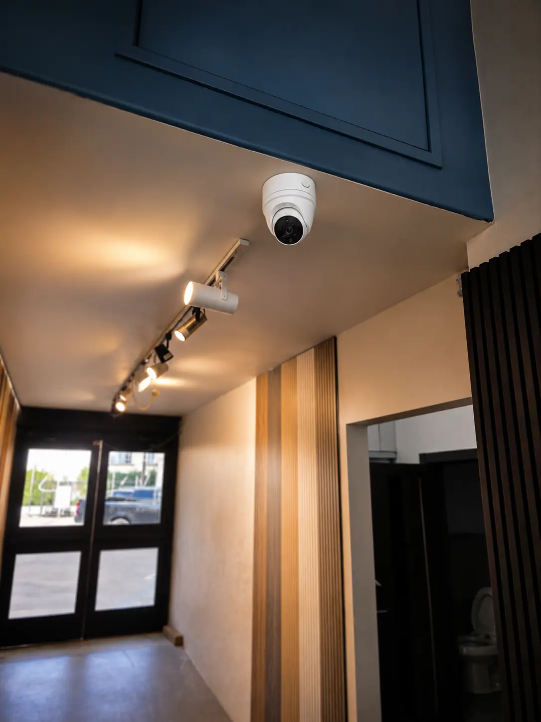 Entry corridor security camera mounted beneath an overhang