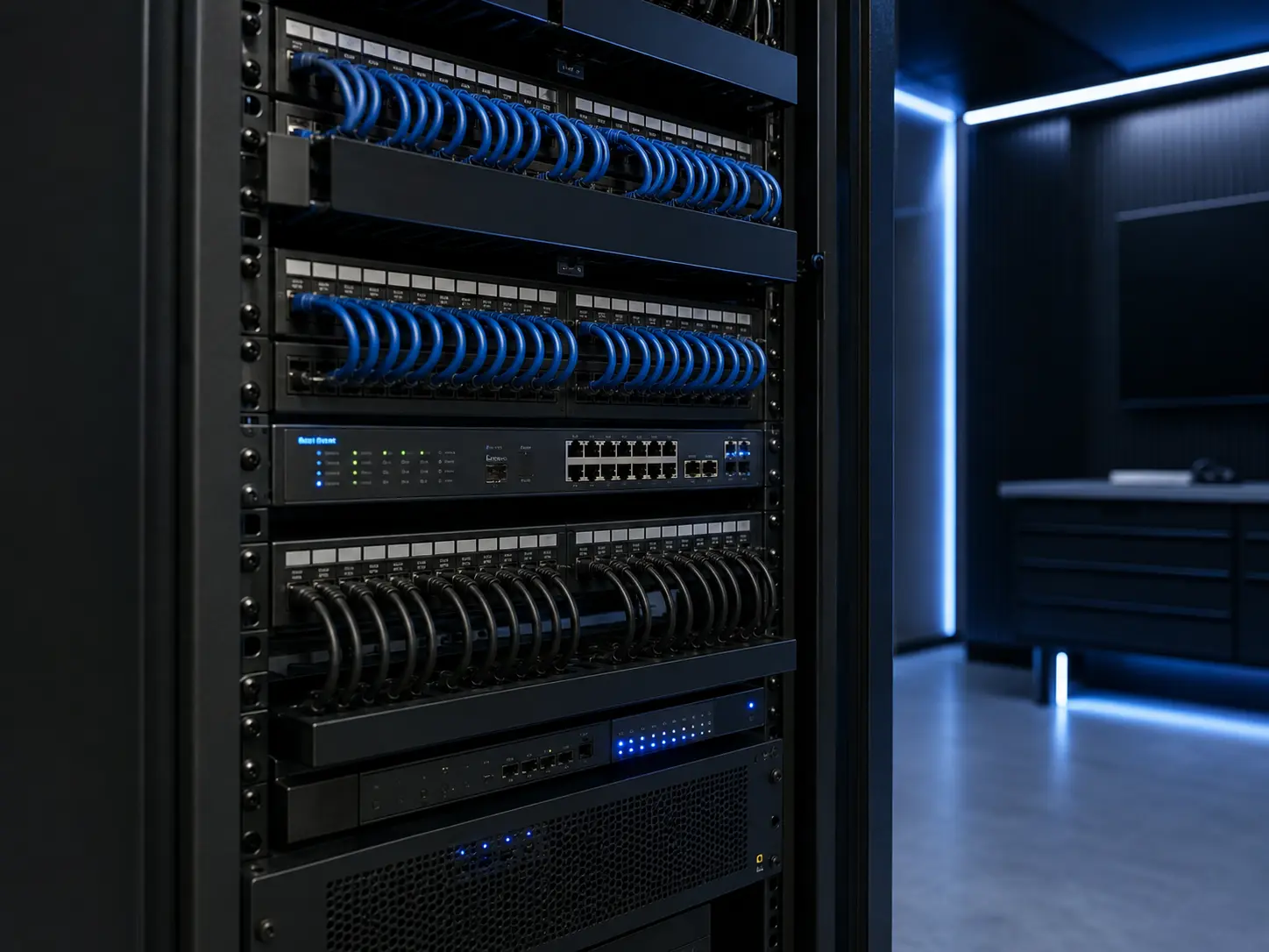 Organized network rack and structured CAT6 cabling